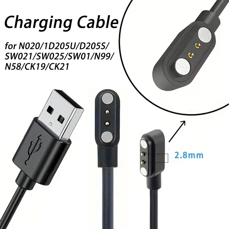 2 pins Smartwatch Dock Charger Adapter USB Charging Cable Cord for Smart Watch Power Charge Wire Accessories, for N020/SW021/SW023,Fast Charging, Portable Durable Flat Design, Smartwatch Accessory, Wearable Accessory, Wearable Tech Accessories