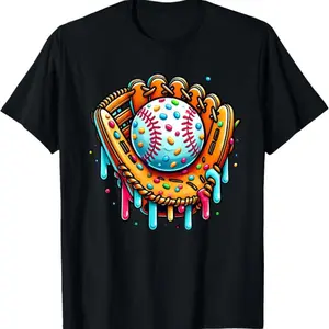 [Cotton graphic tees]Casual shortsleeve tops for men Ice Cream Drip Baseball Stuff Baseball Drip For Boys Graphic T-Shirt Menswear Distressed