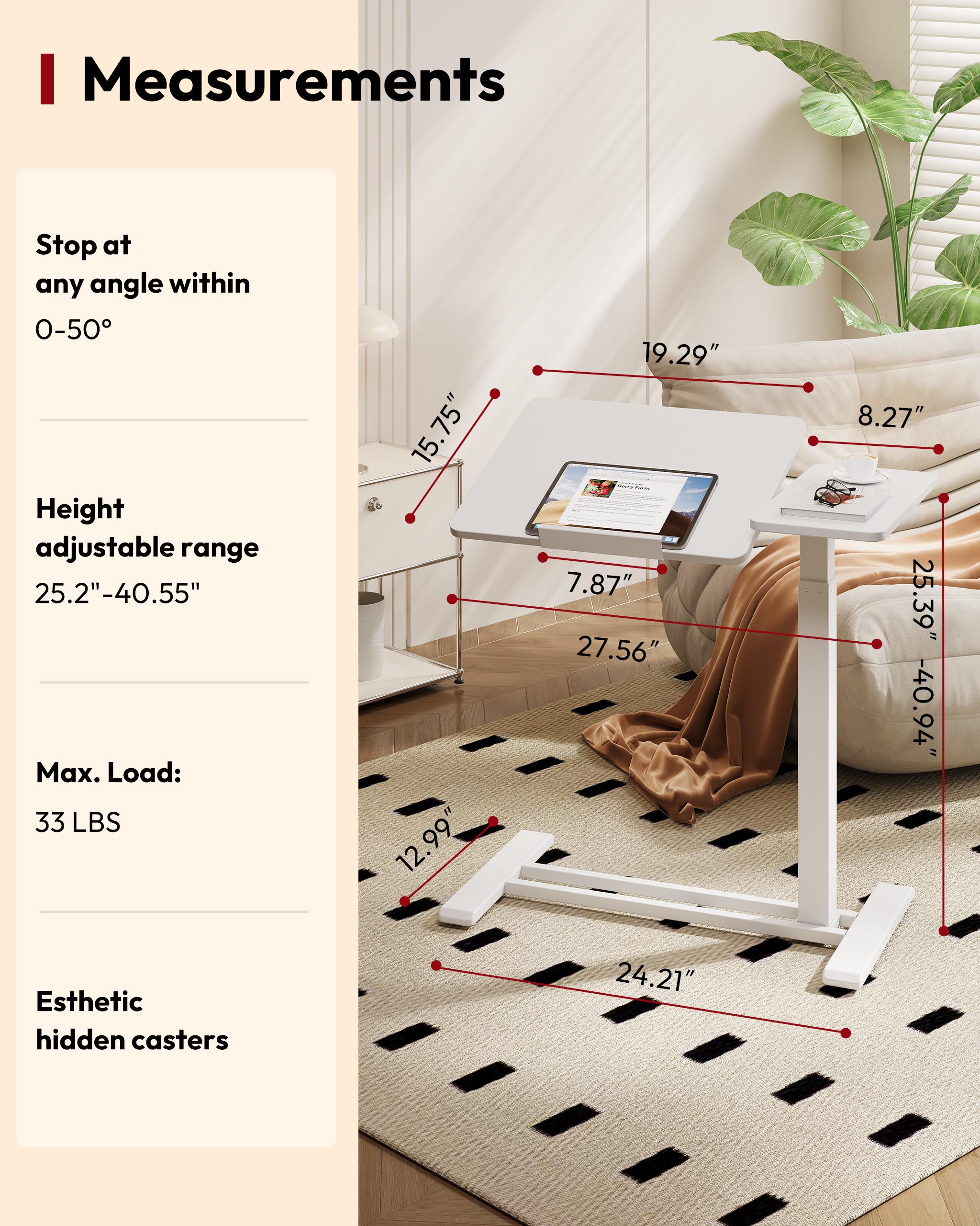 FLEXISPOT H7 Flex Height Adjustable C-Shaped End Table with Split Tilting Top, Mobile Side Table for Sofa & Bedside, Space-Saving Slide Under Furniture, Rolling Laptop Desk with Hidden Wheels for Small Spaces, WFH Essentials, Versatile Home Gift