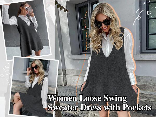 Women's Sleeveless V Neck Knit Sweater Vest Dress Casual Pullover with Side Pockets for Spring Basic Minimalist