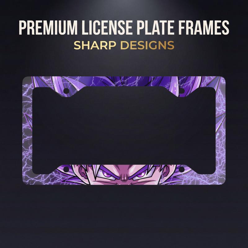 Purple Electric Anime Eyes Metal License Plate Frame Dragon Villain Face White Aluminum Full-Color Glossy Finish Pre-Drilled Holes Standard 12.3"x6.5"