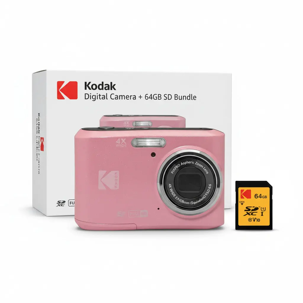 Kodak PixPro FZ45 Compact Point & Shoot Digital Camera Bundle - 16MP, 1080p Full HD Recording, Pastel Pink, Button-Operated, Memory Card, Extra Batteries, AA Power, Protective Lens Accessory, Screen, Wide-Angle