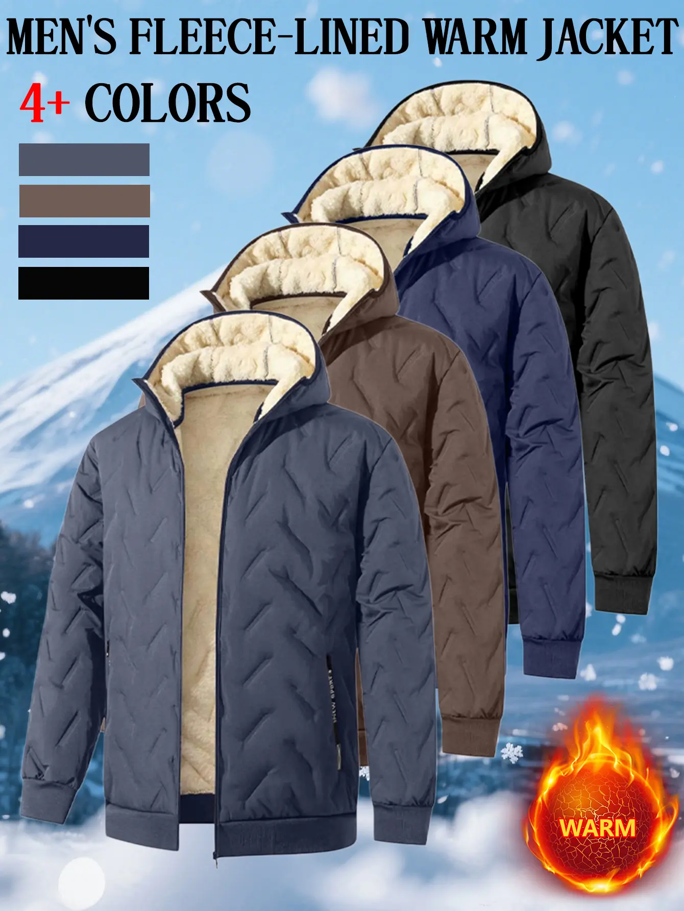 Men's Winter Fleece-Lined Hooded Quilted Windproof Thick Jacket - Menswear Coats with Pocket, Suitable for Commuting, Outdoor Activities, Casual Pants Pairing