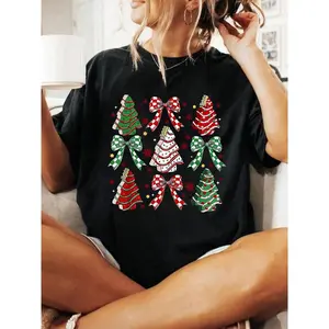 100% Cotton Coquette Bow Cake Trees Merry Christmas Xmas Holiday T-Shirt Print Casual Crew Neck Short Sleeve Comfort Tee Top For Spring & Summer Women's Clothing