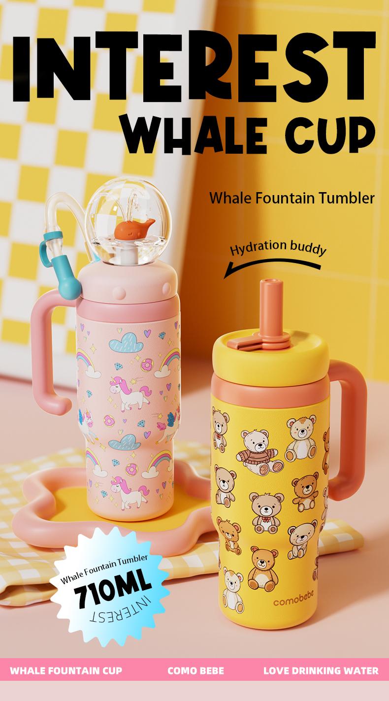 【COMOBEBE】24oz Stainless Steel Whale Fountain Tumbler – Adorable Pattern Designs, Spill-Proof, Dual Lids, Dishwasher Safe, Perfect for Kids & Adults