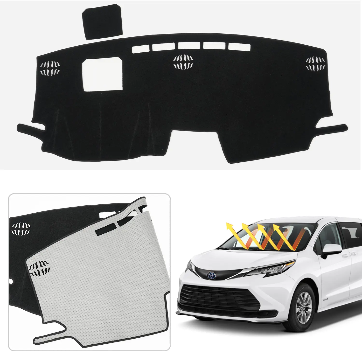 Black Dash Cover for Toyota Sienna 2021-2026 with HUD, Custom Fit Non-Slip Polyester Dashboard Mat, No Glare Interior Accessories – Not Fit 2026 Sienna Without HUD