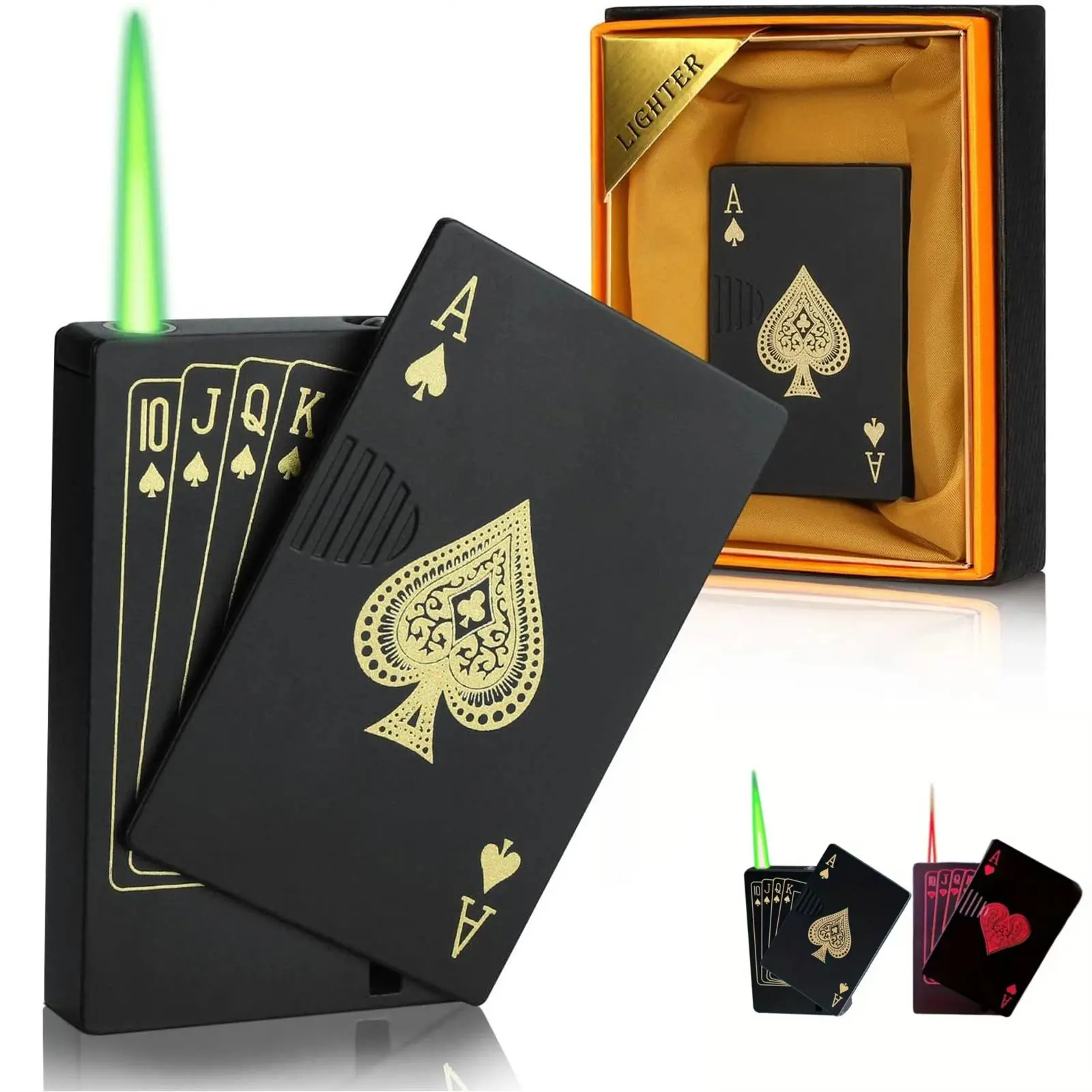 Jet Torch Lighter - Green Flame,  Poker Card Design, Refillable Butane, Windproof Metal Camping Lighter Accessory, Cool Novelty Gift for Men (Butane Gas Not Included)