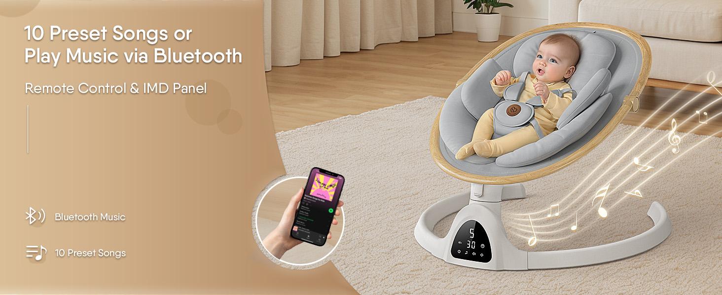 BabyBond Bluetooth Electric Baby Swing for Infants & Newborns, 3Gear & 5-Speed Portable Baby Rocker with 12 Songs, Indoor/Outdoor Automatic Baby Swing, Ideal Baby Shower Gift for Boys & Girls (Woodgrain Design)