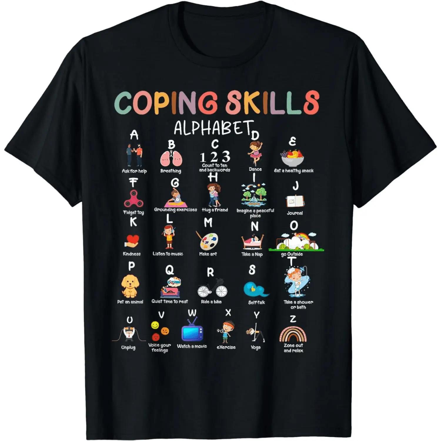 Women's 100% Cotton Short-Sleeve Fitted Casual T-Shirt - Colorful Coping Skills Alphabet Therapy, Mental Health Awareness Vintage Print Top, Shortsleeve