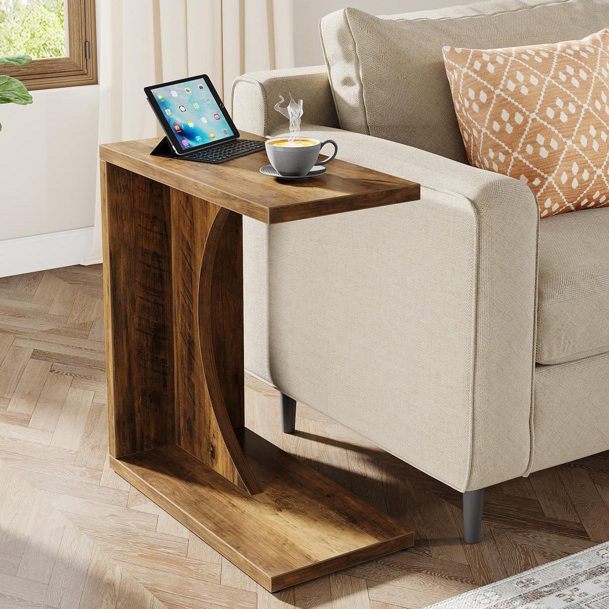 LITTLE TREE C-Shaped End Table, C Table for Sofa, Small Over Couch Tray, Side Table for Living Room, Bedroom, Rustic Brown (Only 1 PC)