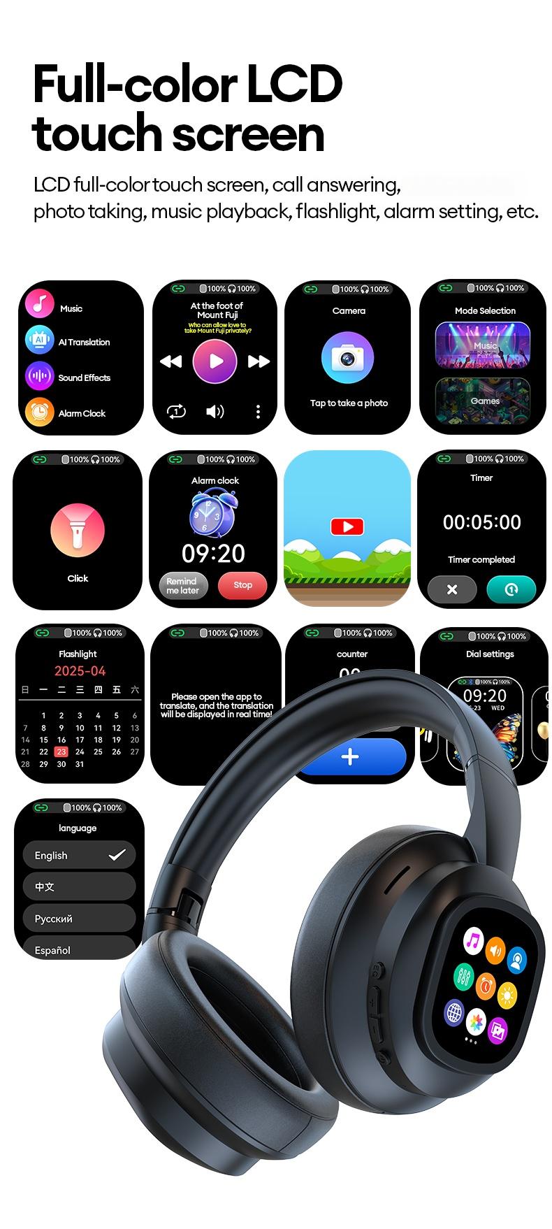 MGALL X1 Pro Wireless Bluetooth 6.0 Headphones with Detachable Full Color LCD Touch Screen, Support Customizable Screen Wallpaper, Audio Headset for Music & Phone Calls