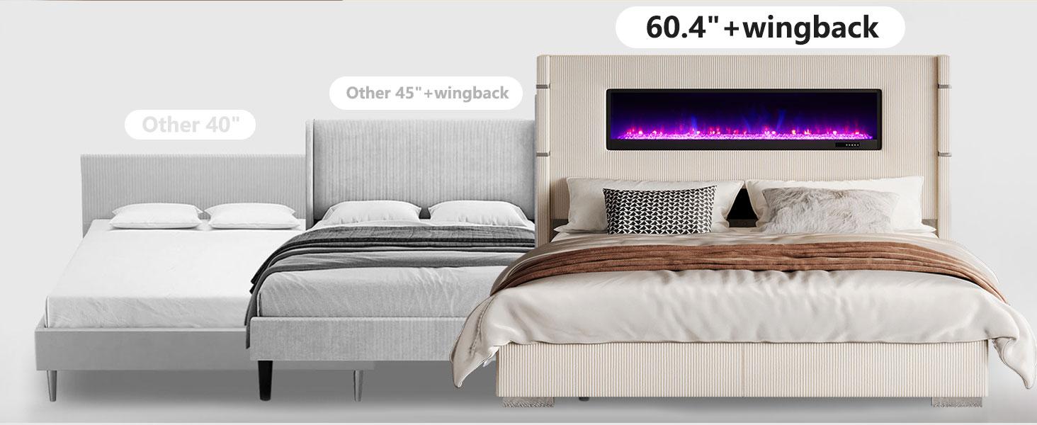 【Ships in 2 Boxes】AMERLIFE Modern Bed Frame with Fireplace, Wingback Platform Bed with 60.4“ Extra Tall Headboard, Corduroy Upholstered Bed Wooden Slats/No Box Spring Needed