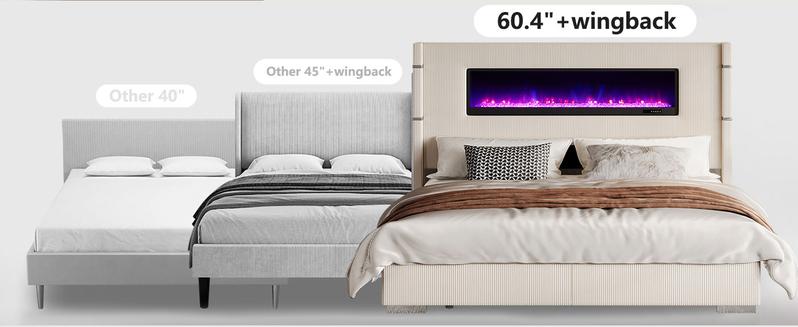 【Ships in 2 Boxes】AMERLIFE Modern Bed Frame with Fireplace, Wingback Platform Bed with 60.4“ Extra Tall Headboard, Corduroy Upholstered Bed Wooden Slats/No Box Spring Needed