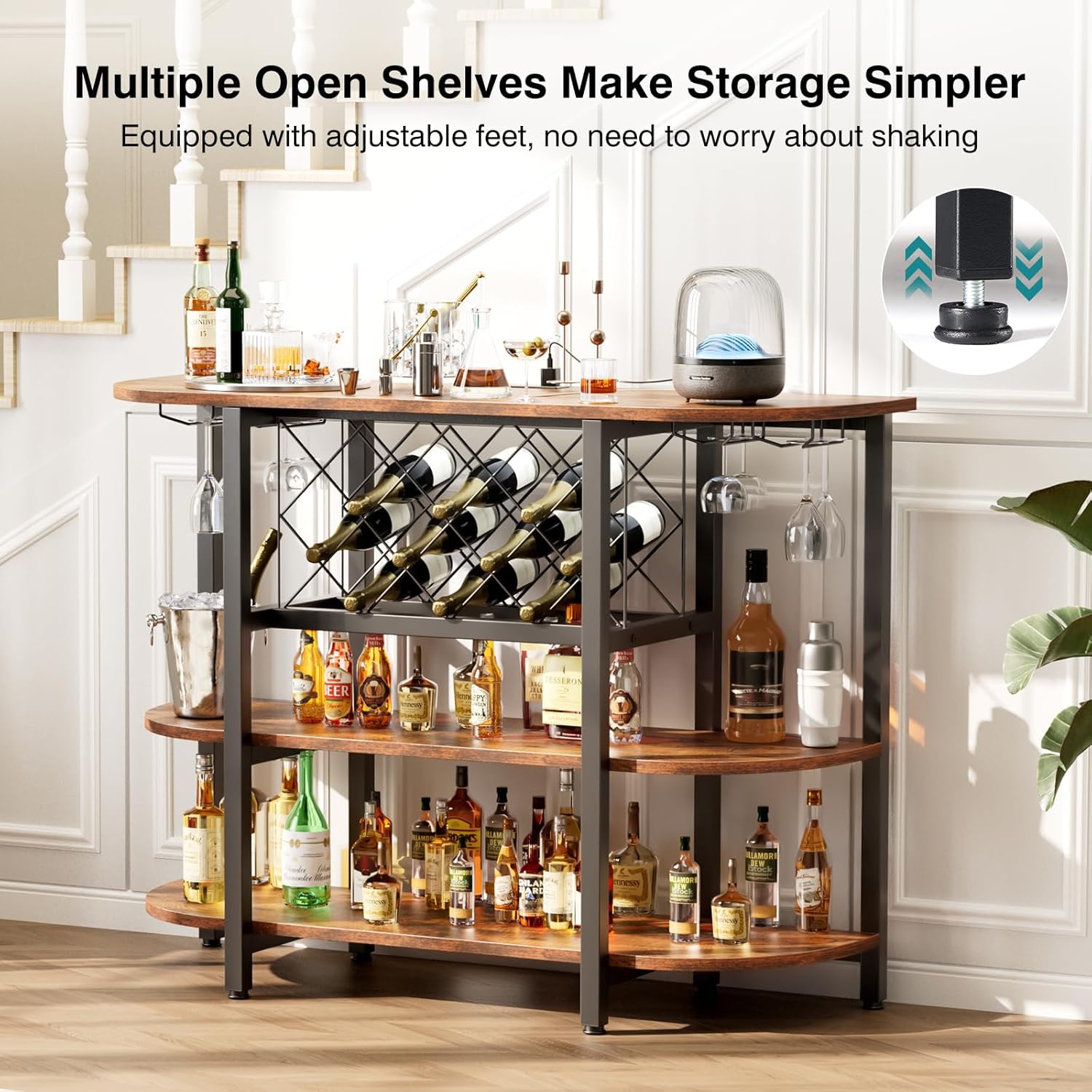 Wine Rack Table with LED Lights & Power Outlets, Floor Liquor Cabinet with Glass Holder, Adjustable Wine Storage, Coffee Bar Table Sideboard for Home, Rustic Brown/Gray