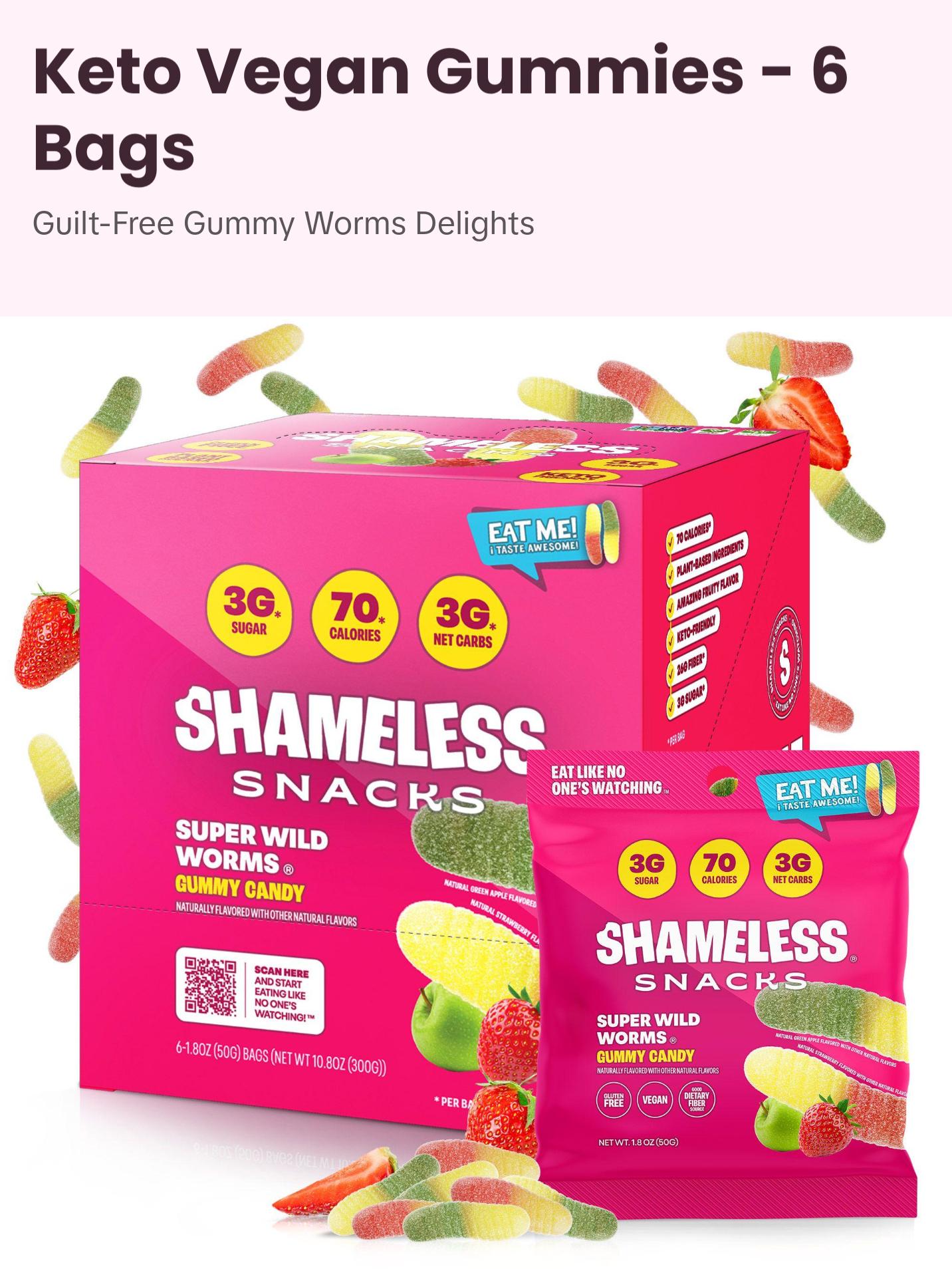 Super Wild Worms - Keto & Vegan Gummies (6 Bags), 3g Net Carbs, 3g Sugar, Gluten-Free, 70 calories per bag, healthy sweet snack Fruit Chews Candy