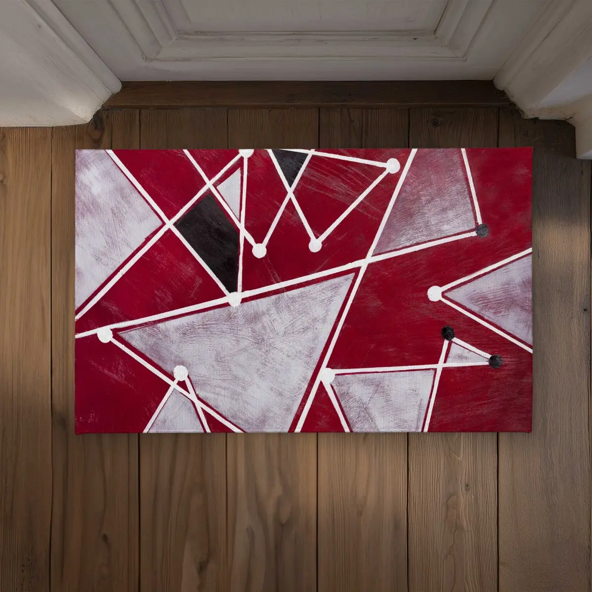212 MAIN Polyester Loop Indoor-Outdoor Door Mat, 21x34 in., Bright Color Colorblock Dual-Color Distinctive Design Doormat, White Triangle Print on Red Background, Contemporary Look, Office Use, Bright Color Doormats, Colorblock Doormats