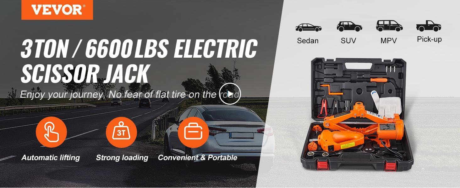 VEVOR Electric Scissor Jack, 3 Tons /6600 lbs Car Jack with Electric Impact Wrench, 12V Car Jack with Double Saddles with Remote Control, Portable Car Jack Lifting for Sedan, SUV, Truck Tire Change