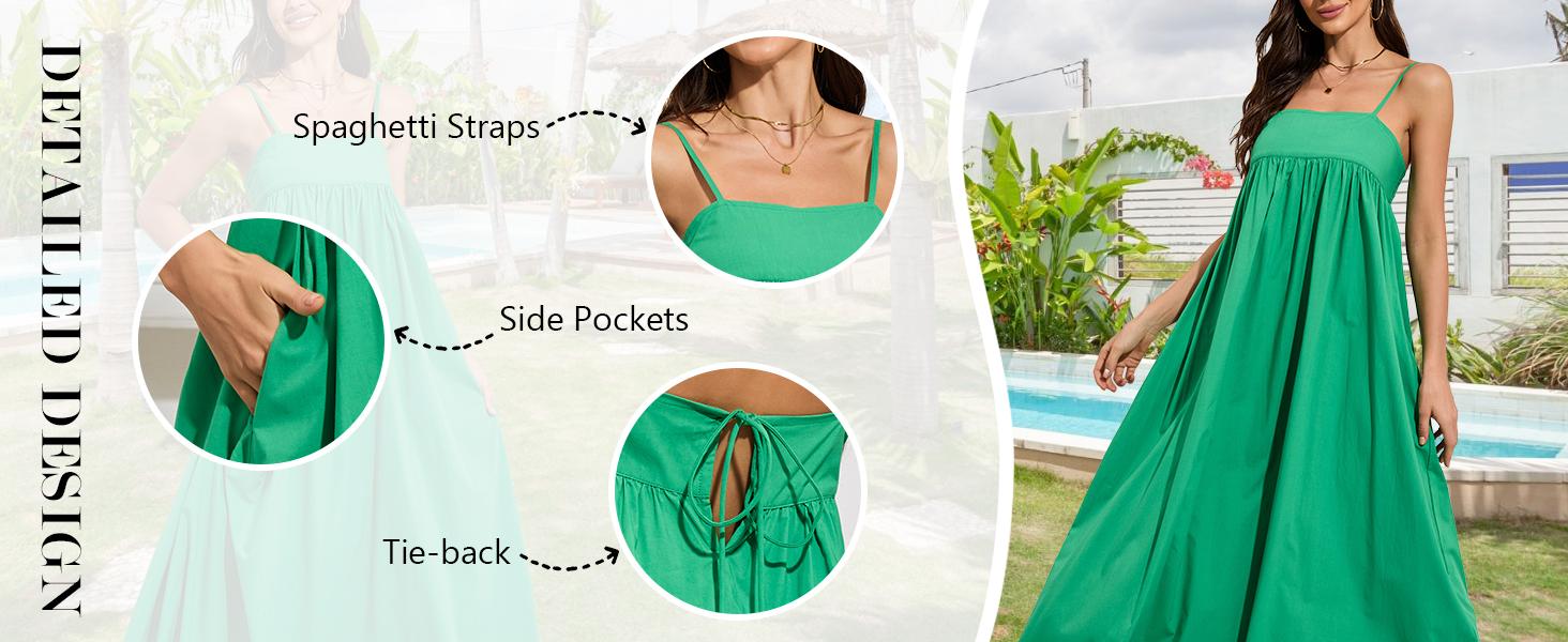 Ebossy Women's Summer Backless Tied Spaghetti Straps Casual Loose Cutout Maxi Dress with Pockets