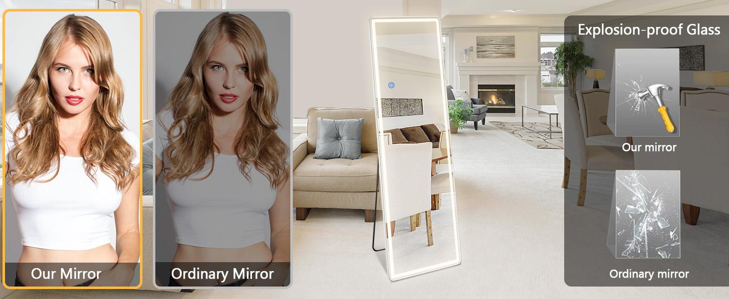 Full Length Mirror with LED Lights, 60"x16"Floor Mirror with Dimming & 3 Color Lighting, with Stand for Bedroom, Dressing Room, Arched Decor mirror