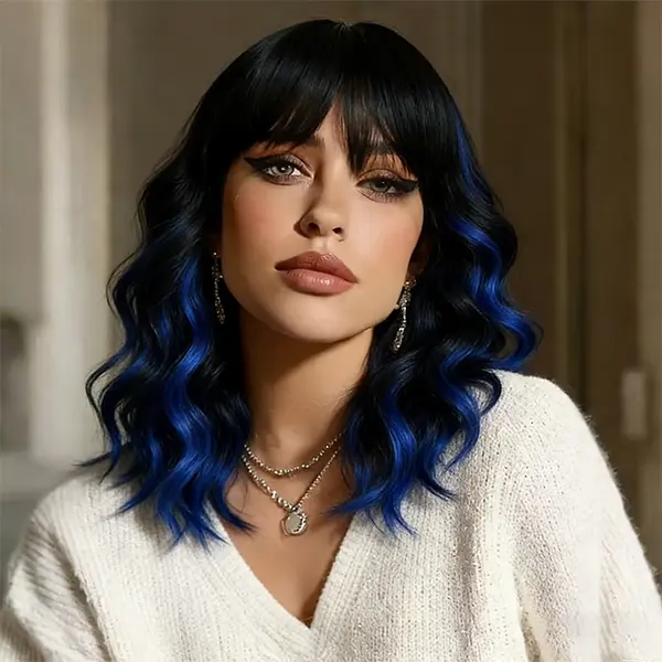 Short Bob Wig Black Mixed Blue Color Synthetic Hair For Women Daily Life Cosplay Heat Resistent