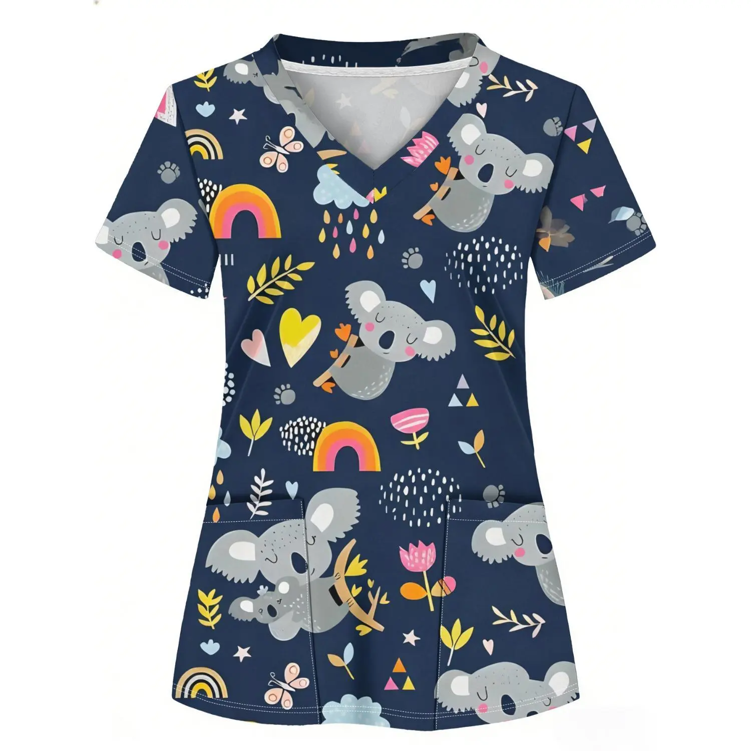 Playful Koala, Rainbow & Heart Printed Women's V-Neck Nurse Uniform with Short Sleeves & Pockets - Dark Blue
