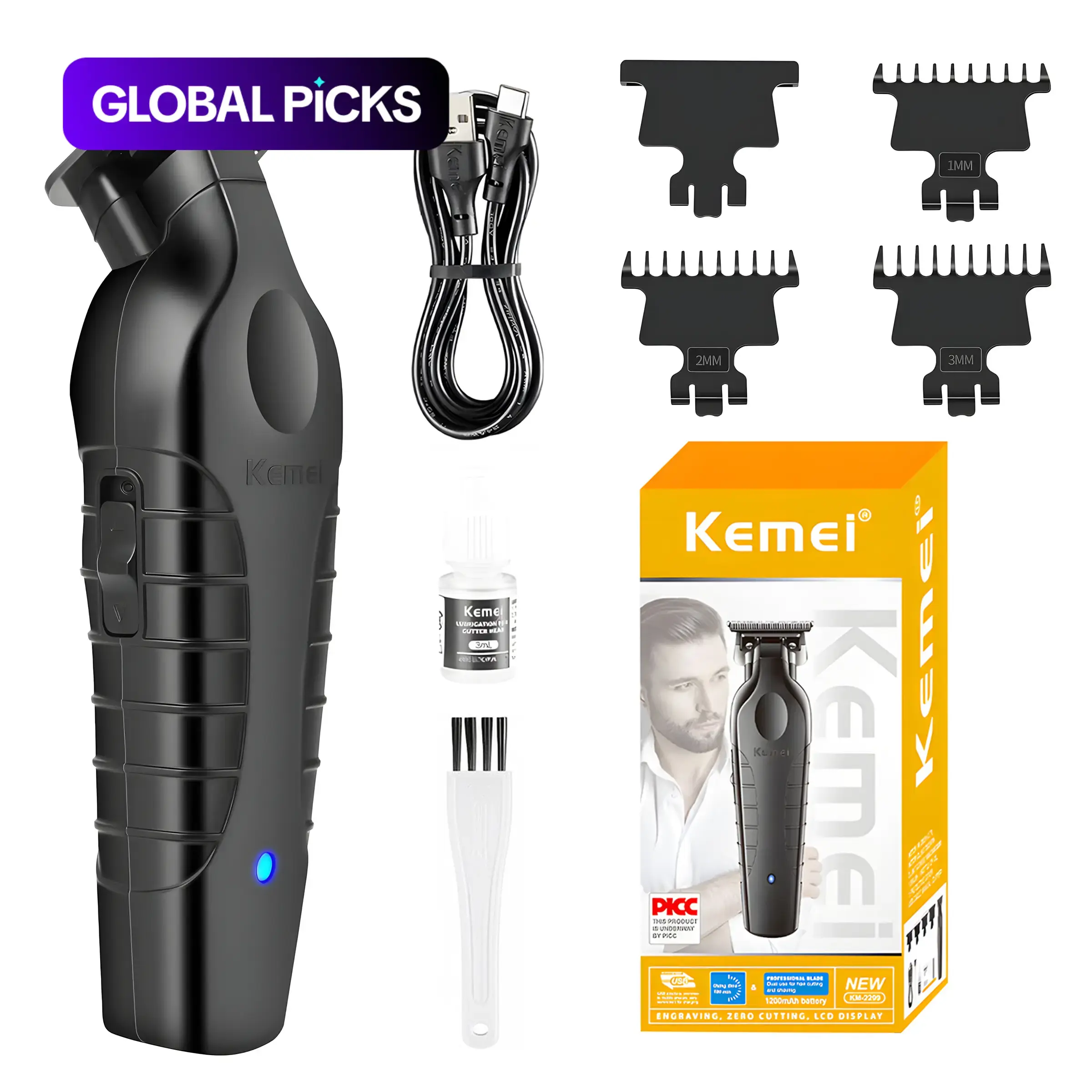 Kemei KM-2299 Professional Hair Trimmer, Cordless Detailer Barber Clipper with Zero-Gapped Carbon Blade, High-Quality Trimmer, Cordless Rechargeable Trimmer, Battery-Powered Trimmer, Wireless Rechargeable Trimmer #GLOBAL PICKS