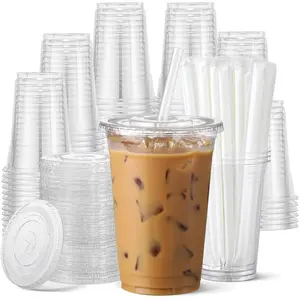 Disposable Clear Plastic Cups with Lids and Straws, 100 Pack 16 oz Clear Plastic Cups with Lids and Straws, Food Safe Disposable Iced Coffee Cups for Cold Beverages, Smoothies, Iced Coffee, Leak-Proof, BPA-Free Transparent, Drink, Thick Set