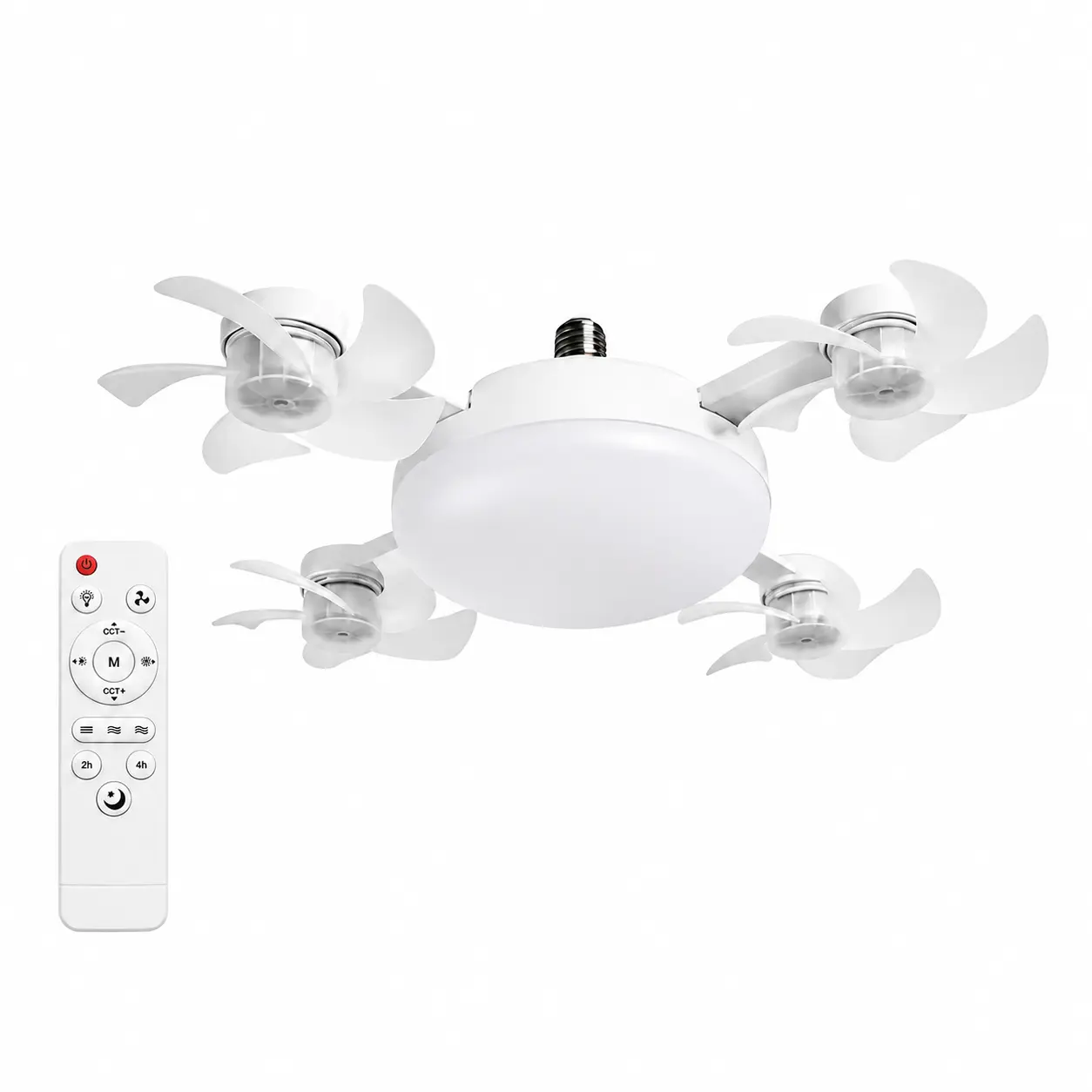 Ceiling Fan Light with Remote Control, 19.69 Inch Screw-in LED Fan Light with E26/E27 Base, Foldable 4-Head Ceiling Fan for Bedroom, Living Room, Kitchen, Office and Dorm
