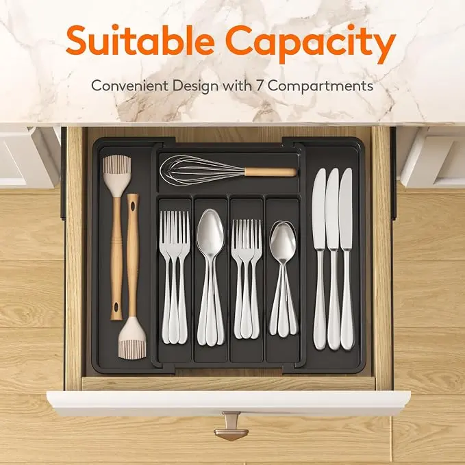 Expandable Black Silverware Drawer Organizer - BPA-Free Plastic Kitchen Utensil Tray, Buckle-Fitting Hand-Operated Space-Saving Cutlery Holder for Spoons, Forks, Knives, 8.5-14x12x1.5in