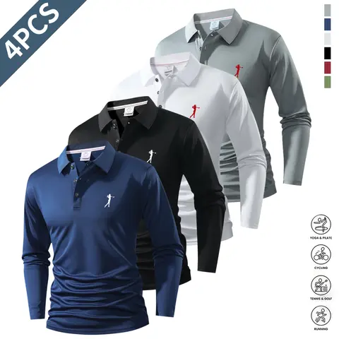 Male Fitted Sun-Proof Long Sleeve Golf Polo Shirt - 3D Stereo Collar, Button Closure, Quick-Drying, Anti-Wrinkle, Lightweight, Breathable, Soft, Sweat-Wicking, All Seasons Athletic Sports Clothing, for Golf, Biking