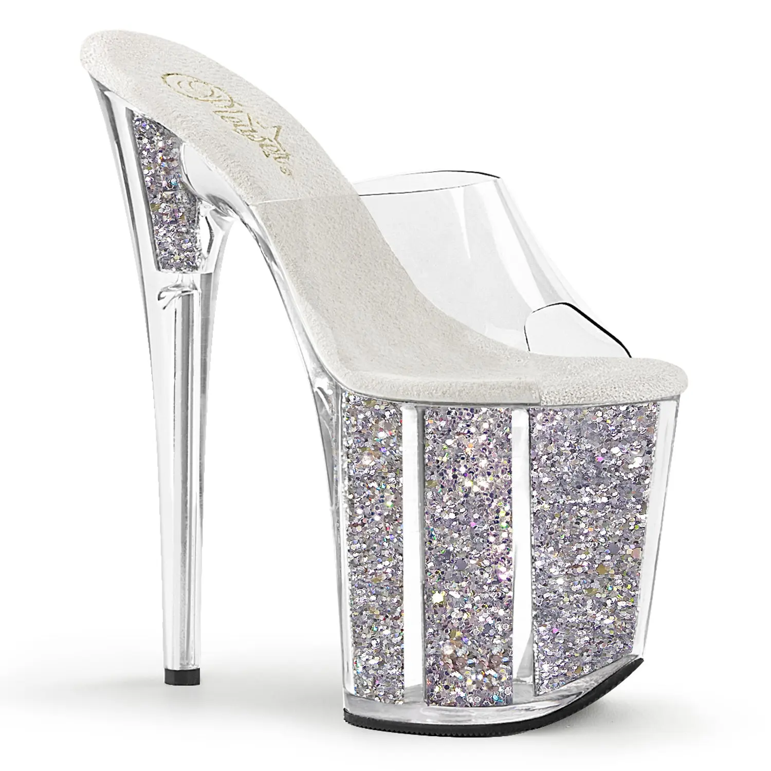 Pleaser Women's Flamingo-801G Glitter Stiletto Heels, 8-Inch Platform Slip On Sandals, Clear/Silver