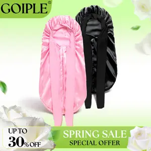 Women's Satin Silk Braid Bonnet - 2 Count Large Long Sleep Cap with Stretchy Tie Band for Braids Elastic Soft Premium Designed Hats (Black&Pink)