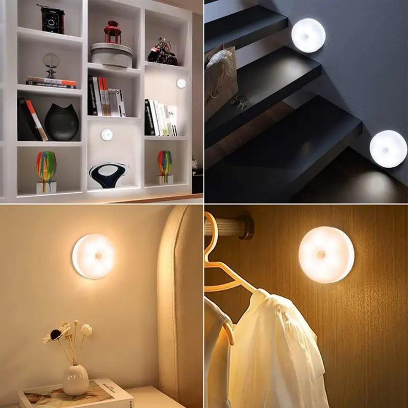 5-10 LEDs Motion Sensor Light, USB Rechargeable Round LED Light, Dimmable Night Light for Bathroom, Storage Cabinet, Stairway, Corridor & Office Space