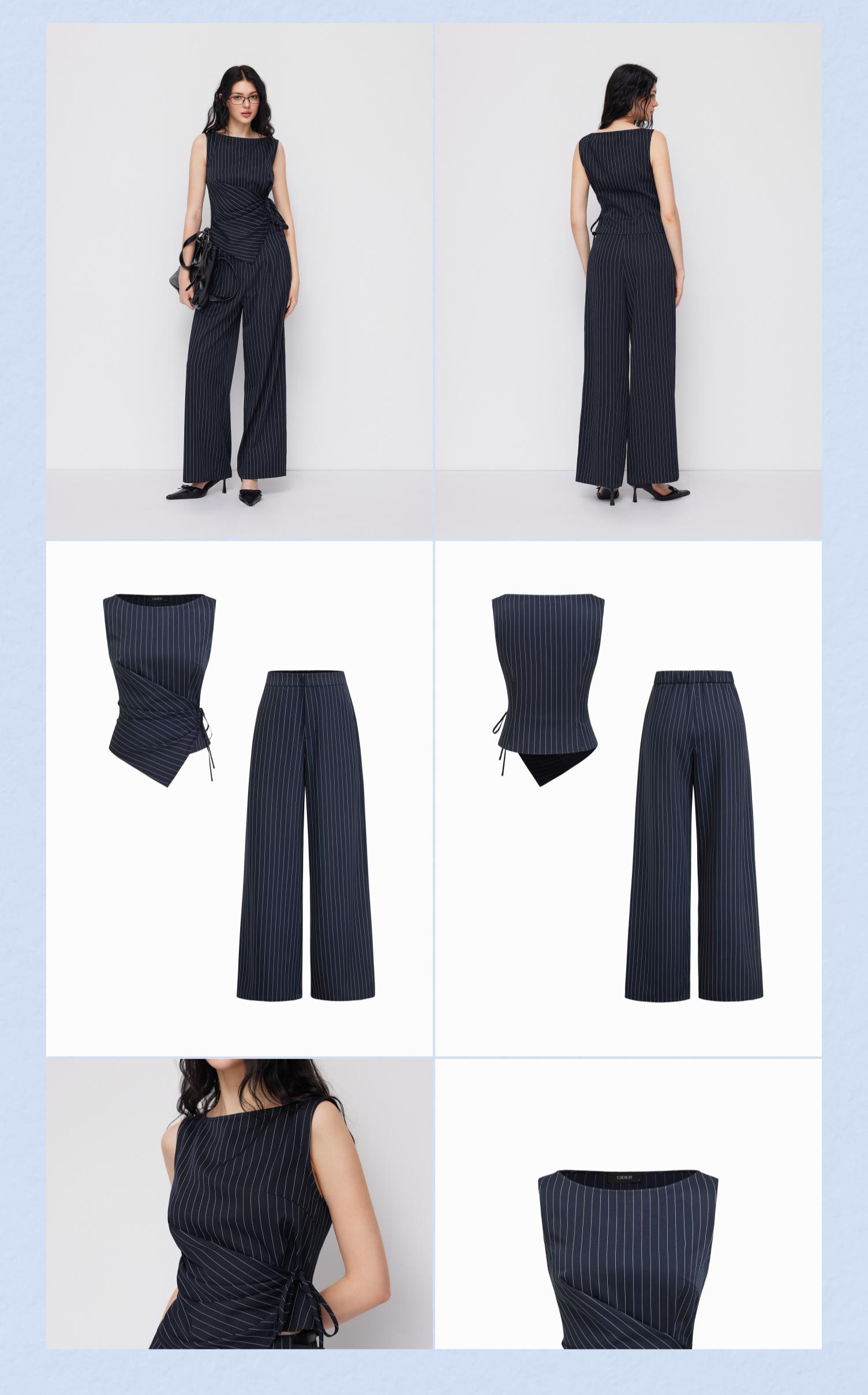 Cider Boat Neck Striped Wrap Knotted Top & Mid Rise Straight Leg Trousers Set– Office & Weekend Casual