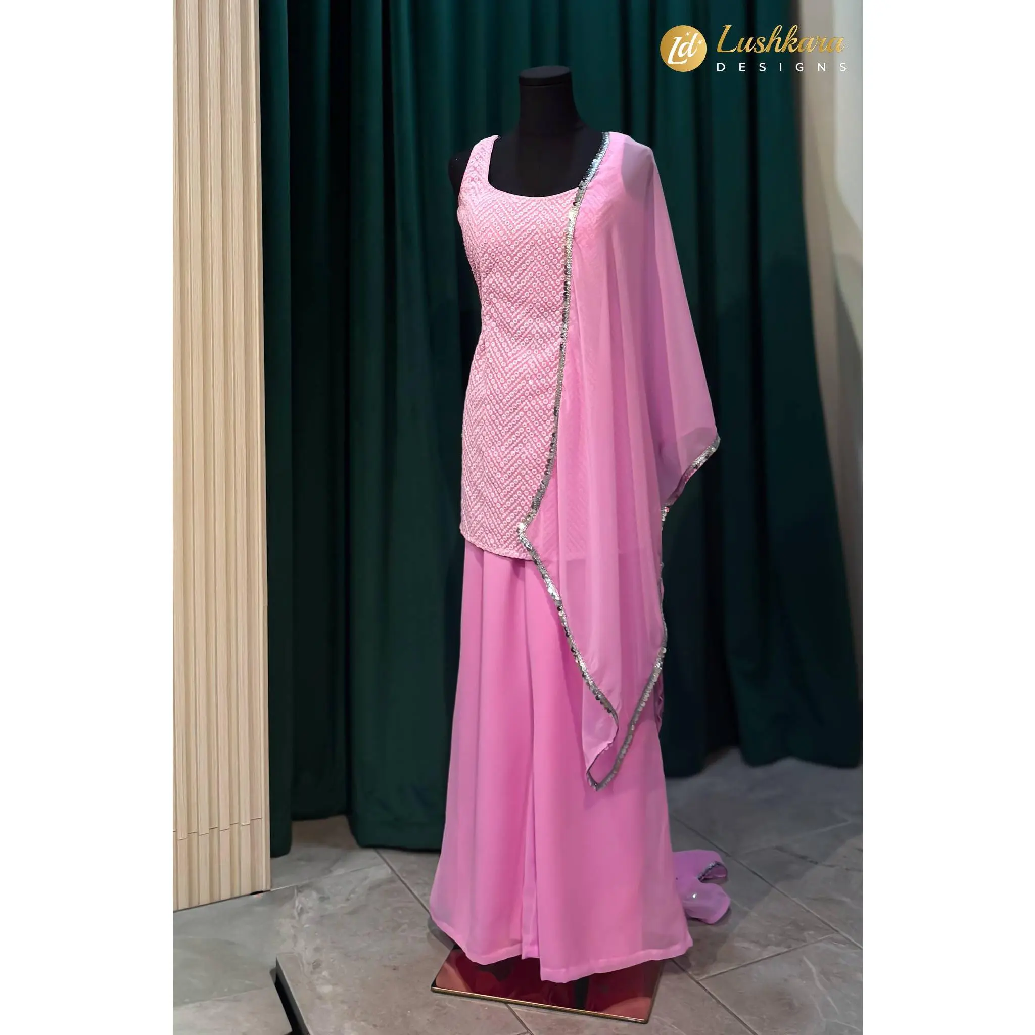 Lushkara Graceful Embroidered Kurta Palazzo Set with Flowing Dupatta