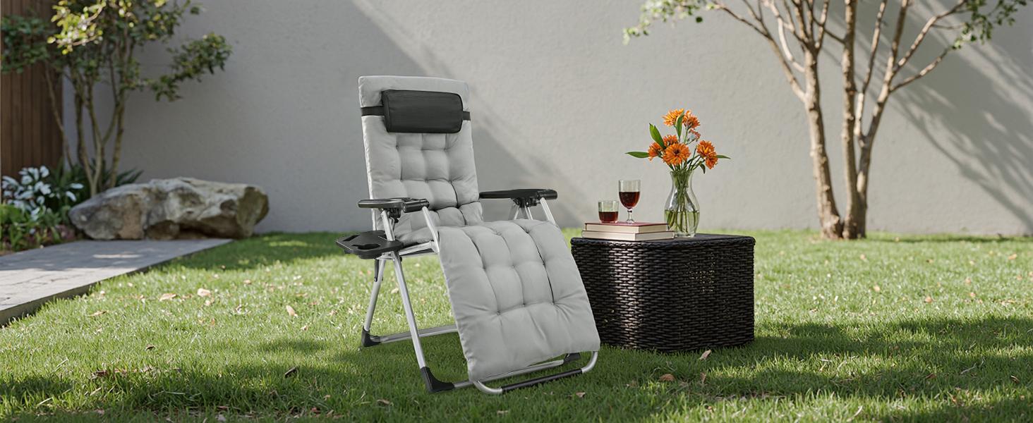 Zero Gravity Chair, Reclining Camping Lounge Chair, Reclining Patio Chairs with Cup Holder Trays and Removable Cushion, Folding Recliner for Indoor and Outdoor