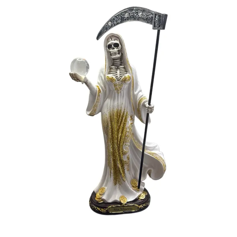 Holy Death White  Statue with Scythe and Crystal Orb – Protection, Purification, Blessings and Spiritual Guidance (La Santa Muerte Blanca) – 13 Inch