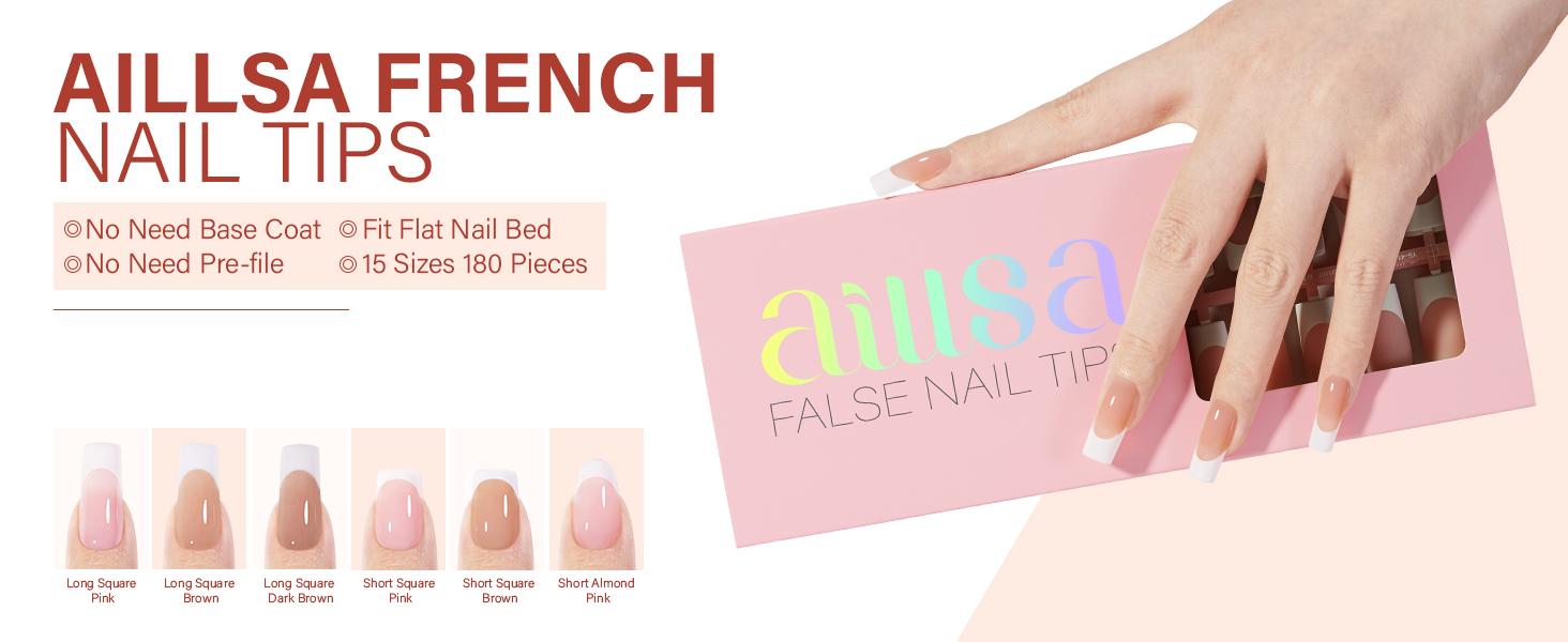 AILLSA French Tip Press On Nails - 180pcs Soft Gel Tips in Square, Stiletto, Almond, and Coffin Shapes for Easy Wear-15 Sizes Fake Nails Extensions