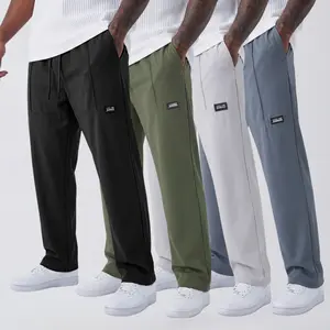 Menswear Casual Plain Straight Pants, Minimalist Drape Style with Drawstring Waist and Subtle Logo Accent