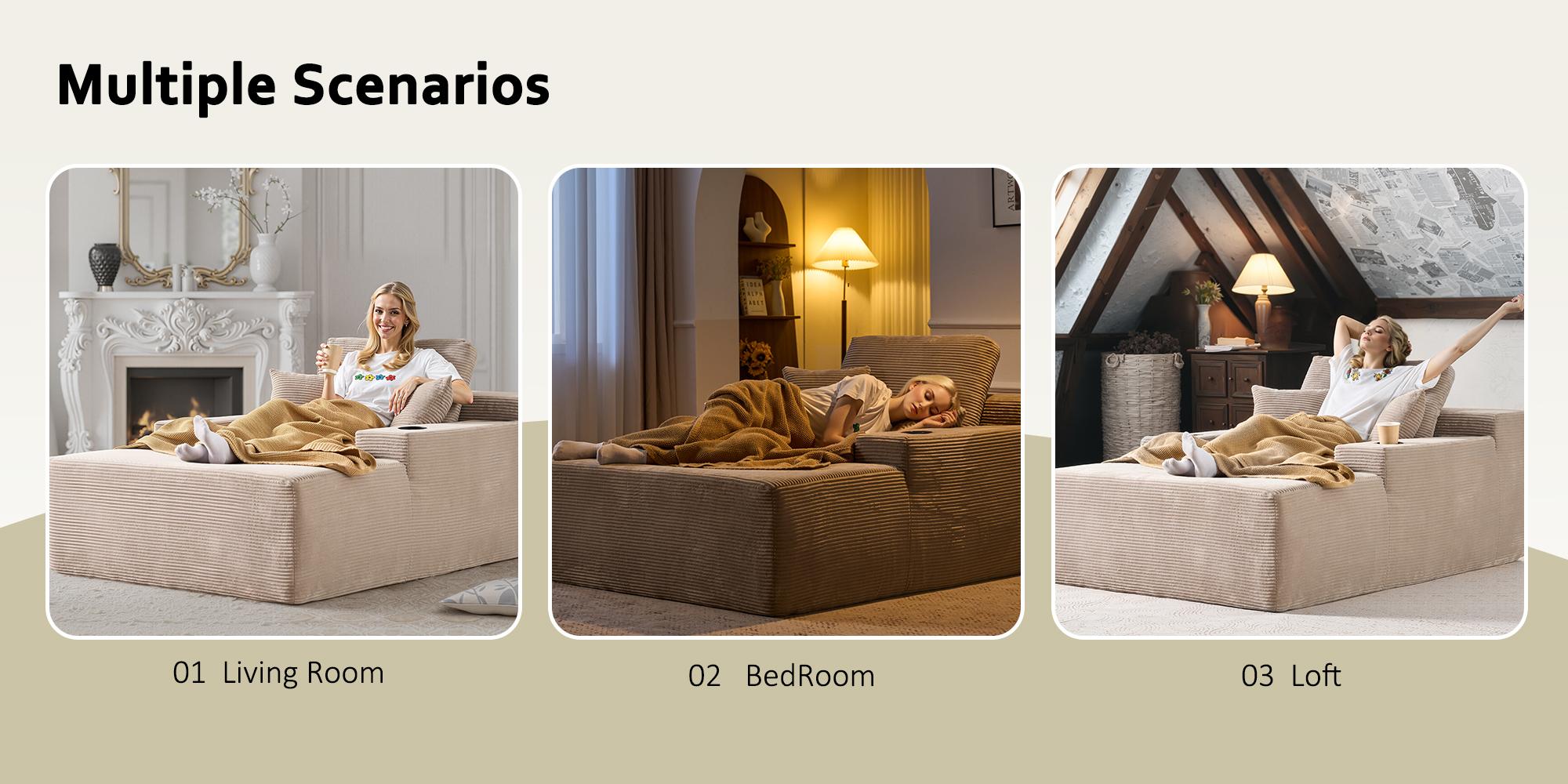 【StockUp Sale】Ovios 67'' Boneless Chaise Lounge Chair with Cup Holders, Oversized Upholstered Sofa Bed, Sleeper Couch Reading Chairs Fluffy Plush Corduroy Cloud Sofas Couches Living Room - No Assembly Required