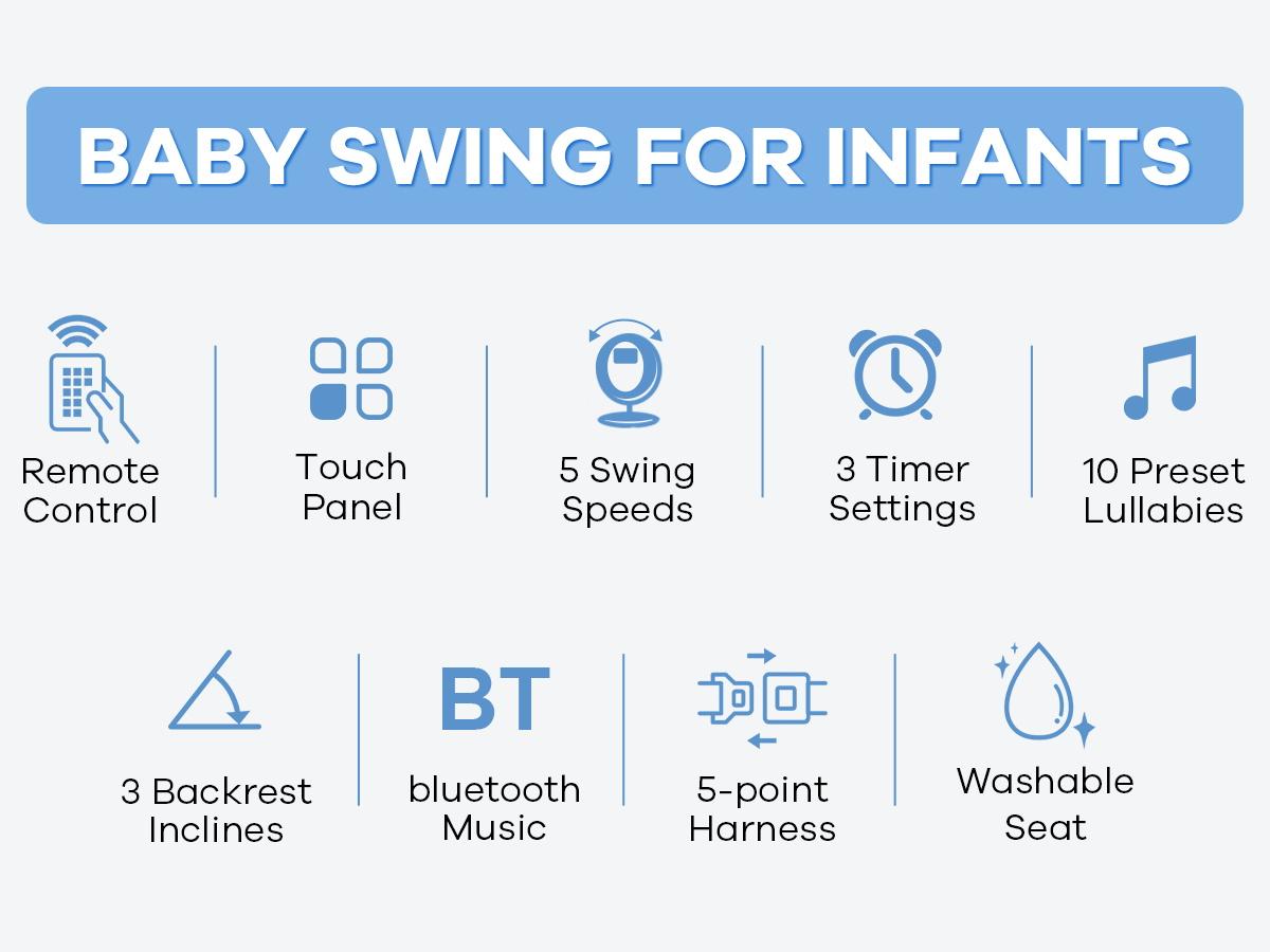 Baby electric rocking chair, electric baby swing, 5 speeds, 10 melodies, Adapter and screw battery ,  Suitable for indoor use,New generation grey remote control, comfortable and relaxing atmosphere，Portable Swing for Baby Boy Girl