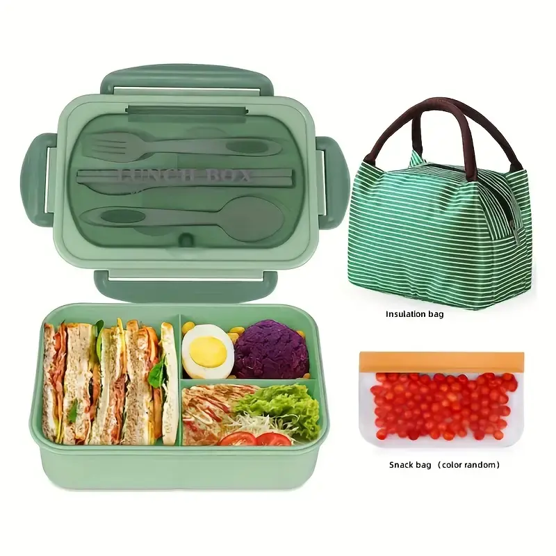 A set of 6-piece lunch box, including lunch box+knife and fork+chopsticks+insulated bag+snack bag+rice spoon, with a large capacity of 1200ml/ 40.58oz. The lunch box is suitable for office and school use