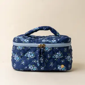 navy floral quilted makeup pouch