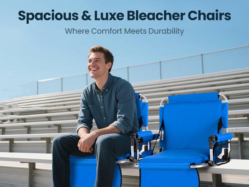 PHI VILLA Blue Folding Stadium Seat Bleacher Chair with Cup Holder, Mesh Bag and Hide Hooks, Portable Stadium Chair with Back and Cushion