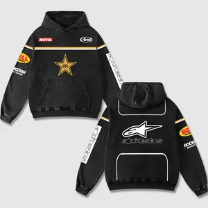 Retro Rockstar x Alpinestars Racing Acid Washed Hoodie MotoGP World Champion Enthusiast Apparel Streetwear Racing Team Energy Drink Motorcycle Clothing Motobike Riders Supermotor Off-Road Dirt Bike Fan Gear Cotton For Motor Fan