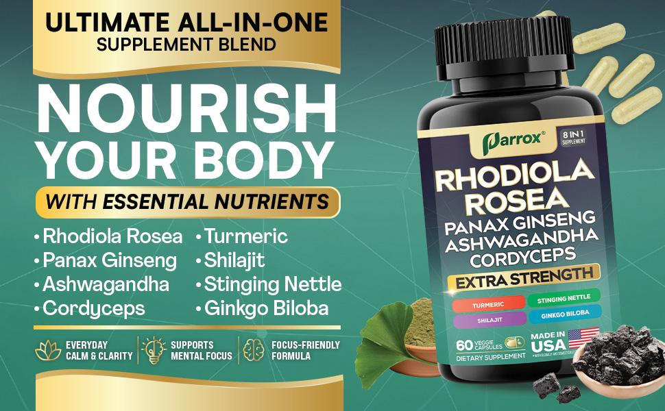 PARROX Rhodiola Rosea Multivitamin Supplement - Energy and Mental Focus Support - 8+ Extra Strength Ingredients - 60 Veggie Capsules - Made in USA