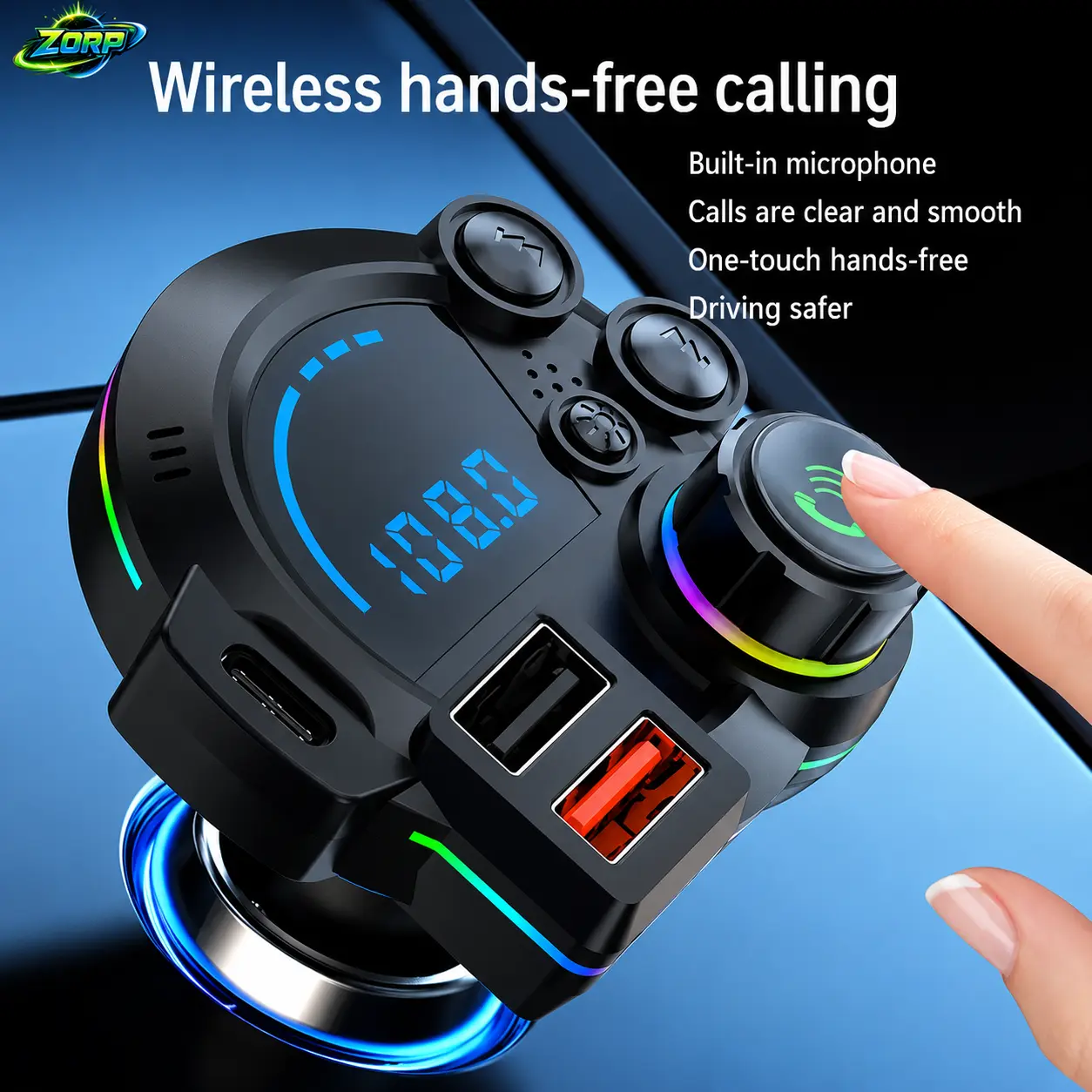ZORP Car Wireless MP3 Player, PD 20W Type-C Car Charger and Bluetooth 5.3 FM Transmitter, Dual USB Ports, Bass Enhancement, RGB Colorful Radio Adapter, Hands-free Calling, Car Accessory and Road Trip Essential, Compatible with 12V-24V Voltage