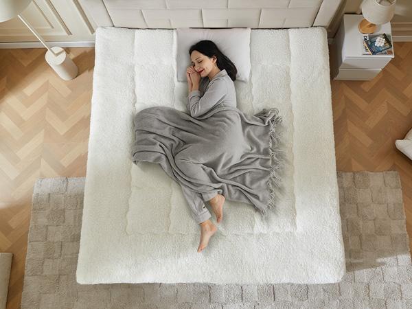 Pinmoco Cozy Warm-Retaining Sherpa Mattress Topper, Thick Fleece Mattress Pad Cover Two-sided Pillow Top Mattress Protector Keep Warm, Machine Washable