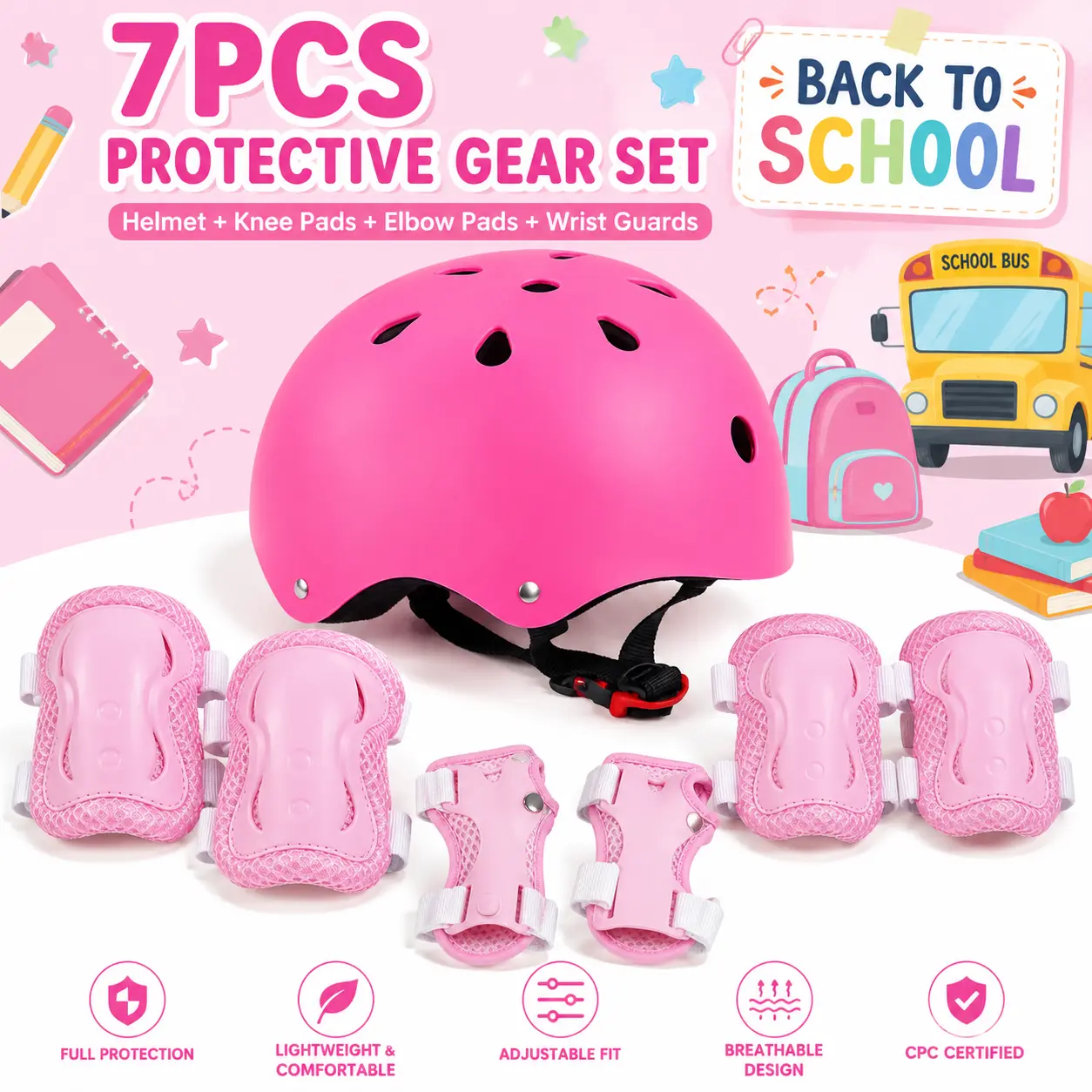 7-Piece Sporty Protective Gear Kit for Kids (Ages 3-10) – Adjustable Helmet with Breathable Vents, Knee Elbow Pads, Wrist Guards for Skating/Scooting, Cycling, 7-Piece Kit