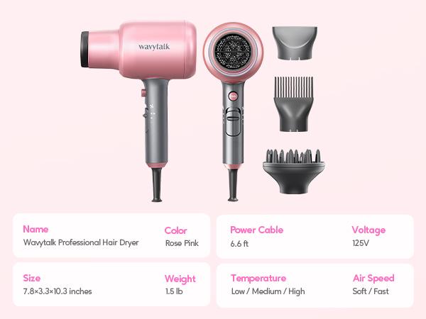 Wavytalk Blown Away Ionic Hair Dryer | 1875W Quick-Dry, Ceramic Coating Heat Damage Protection, Diffuser & Styling Comb Accessories, Lightweight & Quiet, Adaptable to All Hairstyles